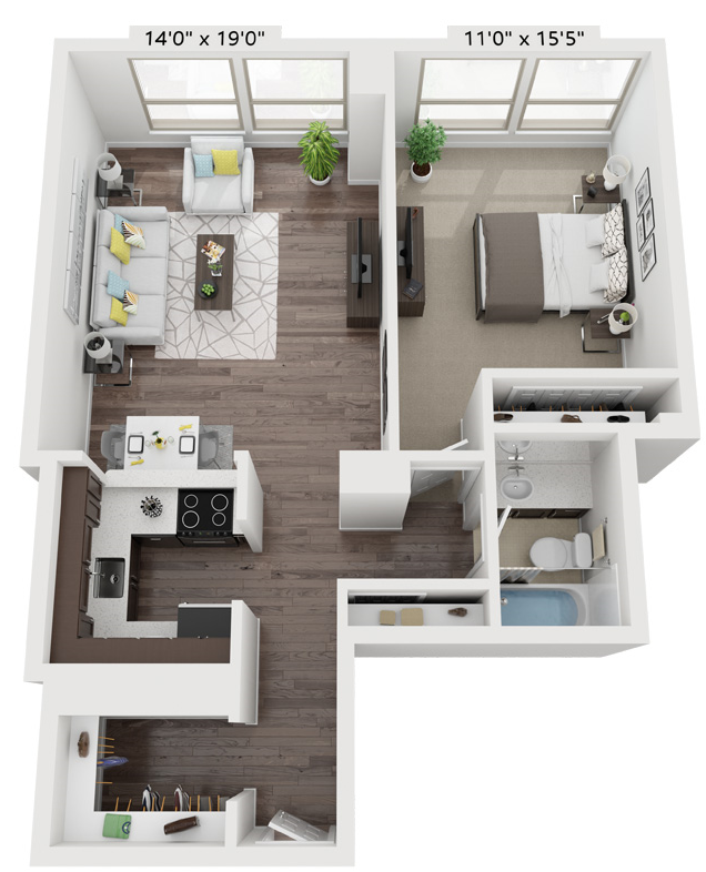 Floor plan for 1 bed, 1 bath, 718 sqft